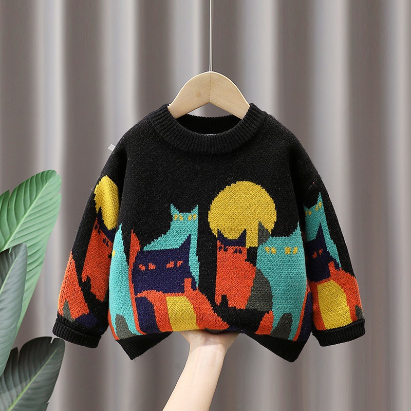 キッズファッション おとぎの国の街並み柄長袖クルーネックニット