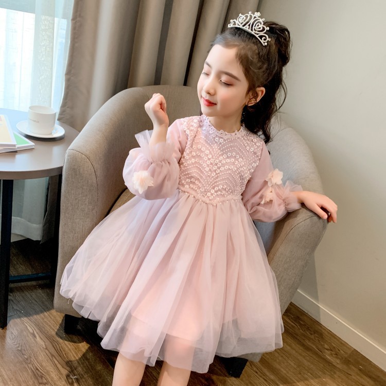 キッズファッション お姫様気分満喫パールビーズ刺繍長袖チュールドレス