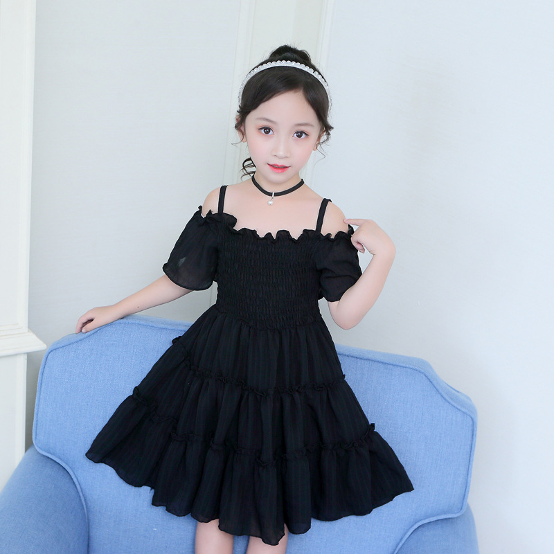 キッズファッション オフショルダーフリル段々膝丈ドレス