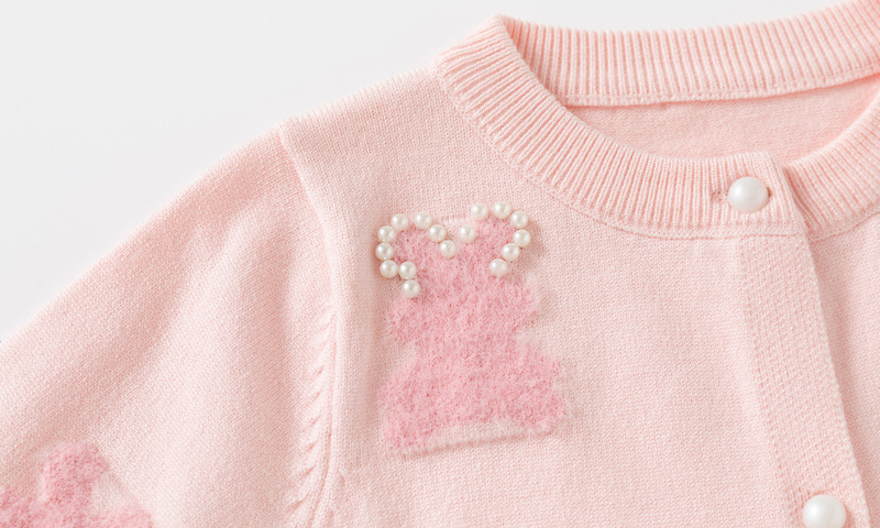 キッズファッション ウサギ刺繍パール付き丸襟ニットカーディガン