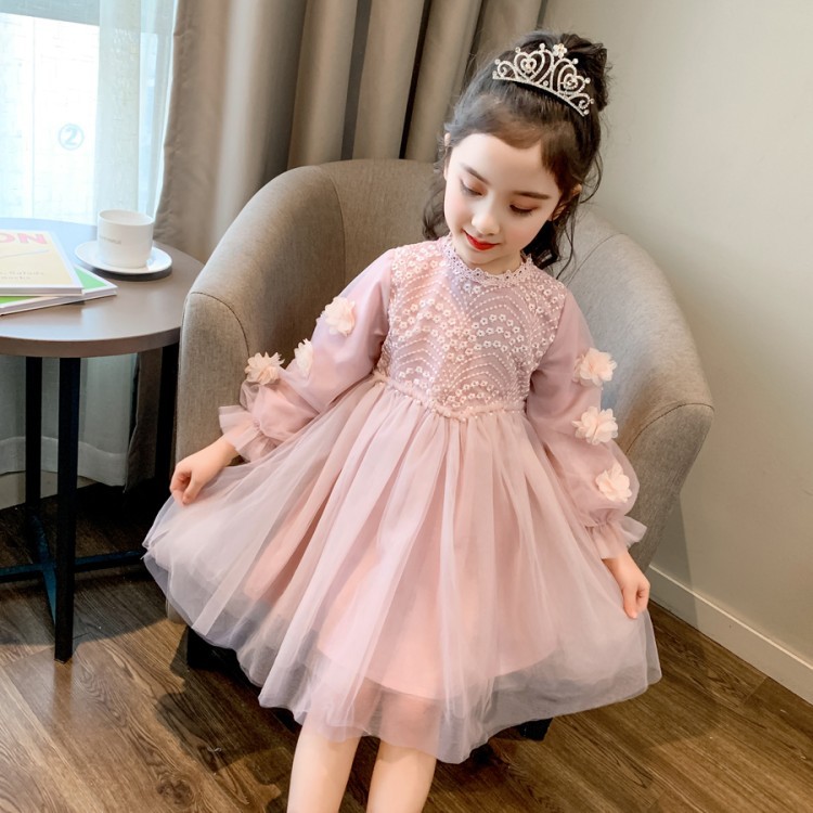 キッズファッション お姫様気分満喫パールビーズ刺繍長袖チュールドレス