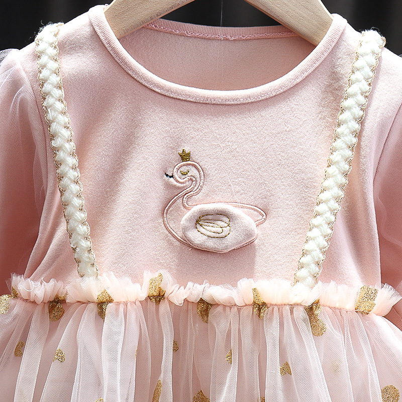 キッズファッション 白鳥刺繍とパール風飾り付きチュールワンピース