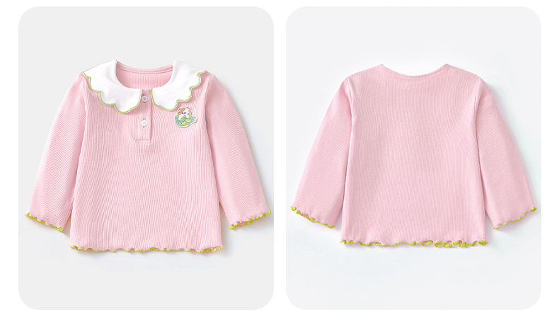 キッズファッション 子犬刺繍つきスカラップ襟長袖トップス
