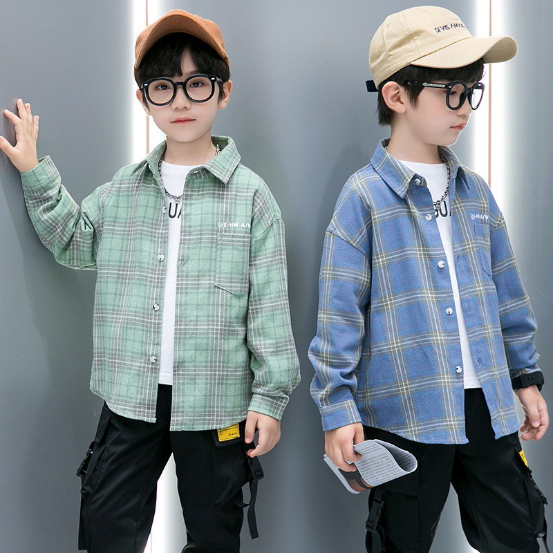 キッズファッション シャツ　男の子用チェック柄長袖カジュアルシャツ