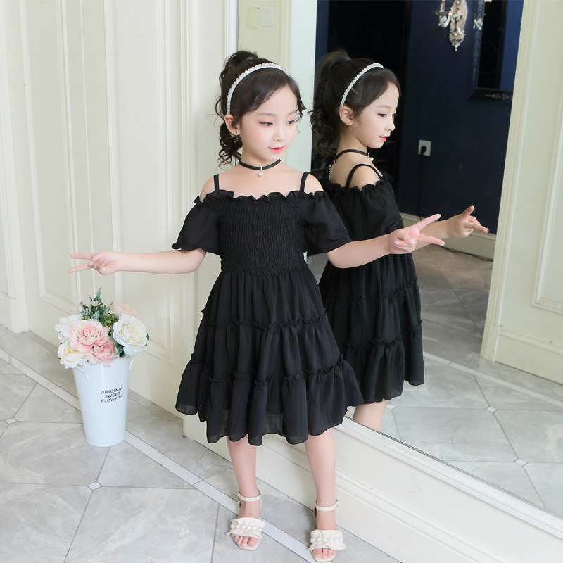 キッズファッション オフショルダーフリル段々膝丈ドレス