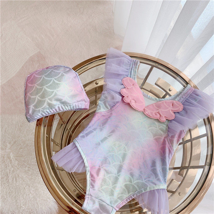 キッズファッション 人魚姫風チュール袖付き女の子用水着セット