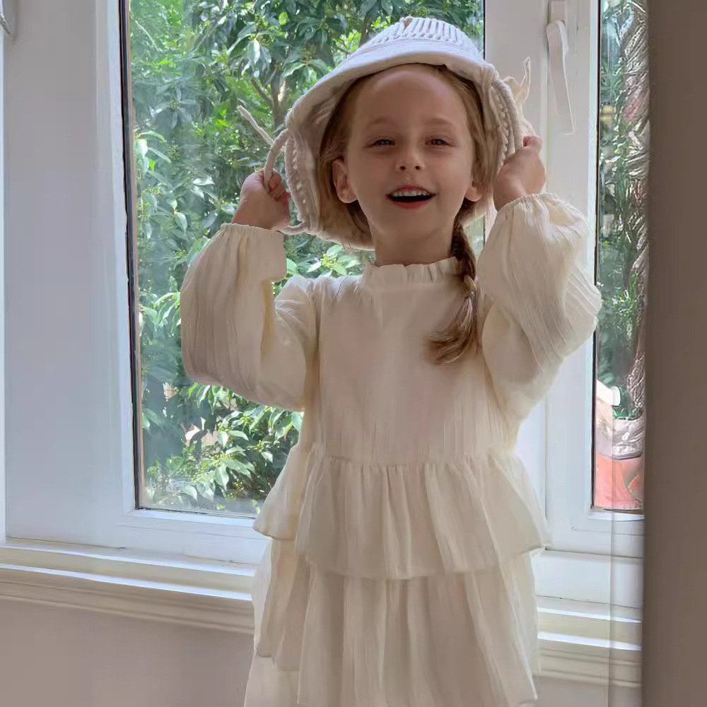 キッズファッション ふわふわ多層フリル長袖ワンピース