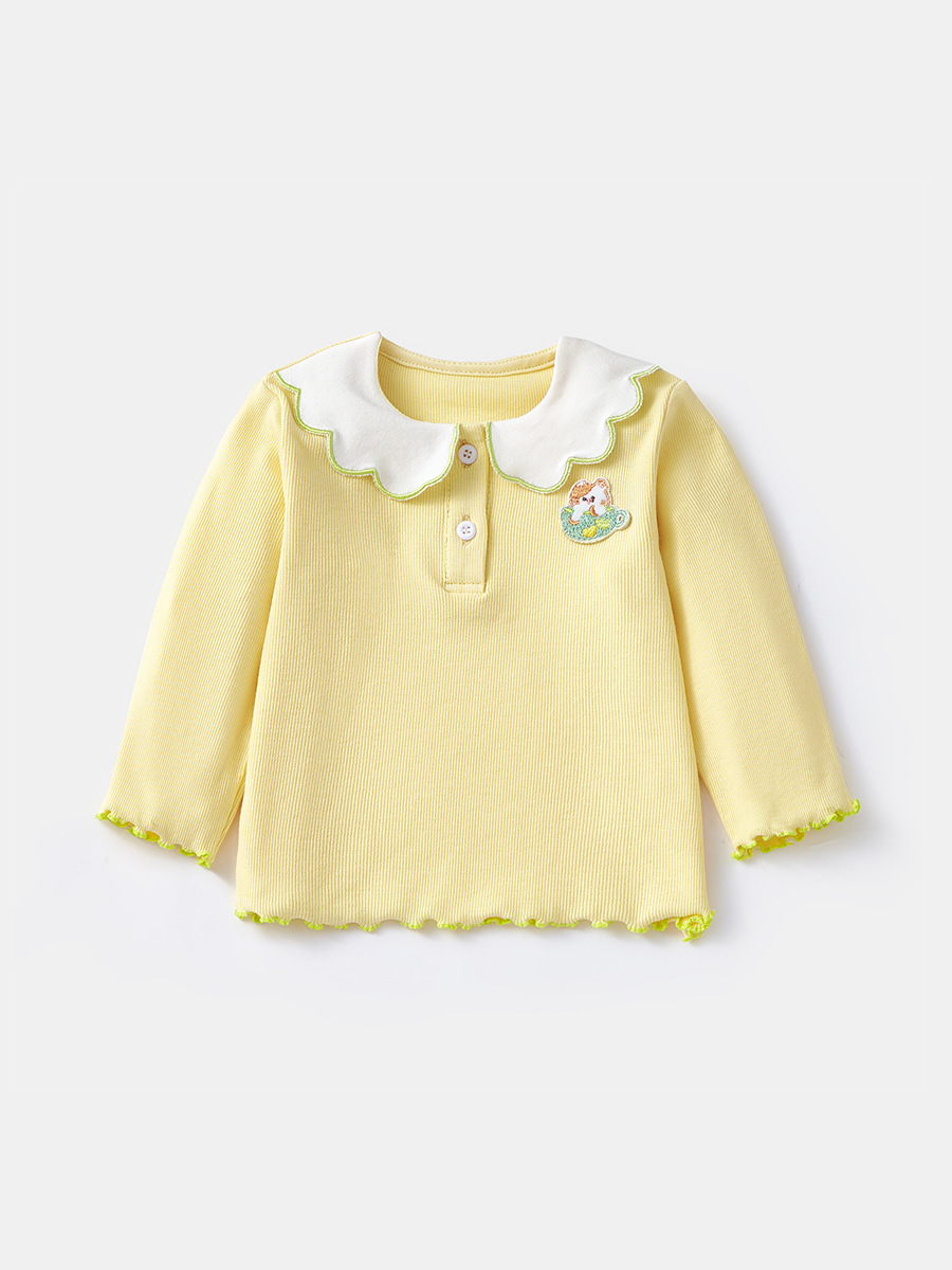 キッズファッション 子犬刺繍つきスカラップ襟長袖トップス