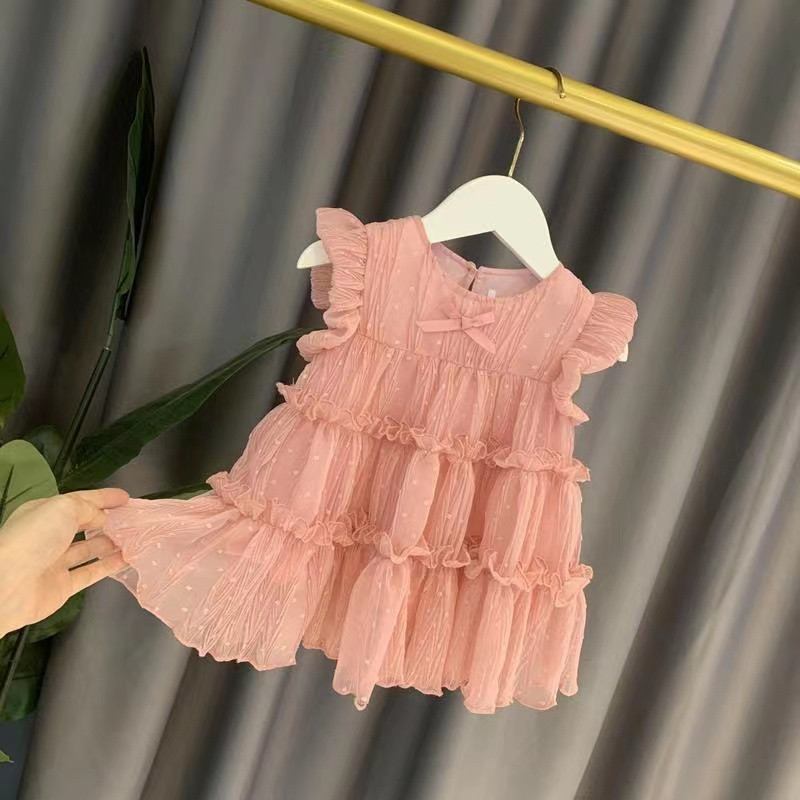 キッズファッション ふんわりプリーツフリル袖なし姫様ワンピース