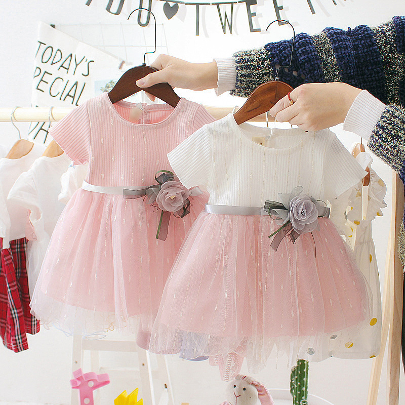 キッズファッション お花のリボン付きチュールプリンセスドレス