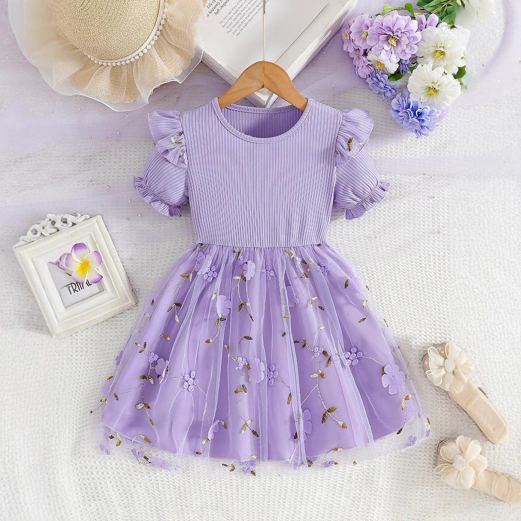 キッズファッション 花刺繍チュールスカートフリル袖プリンセスドレス