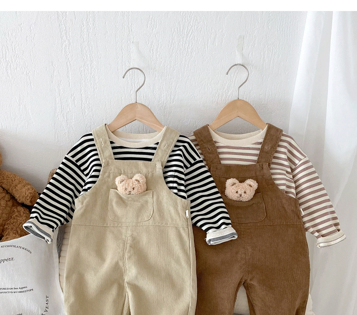 キッズファッション くまちゃんワッペン付きコーデュロイサロペット