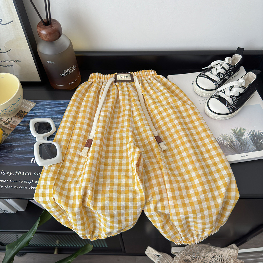 キッズファッション ギンガムチェック柄吊りひもバルーンパンツ