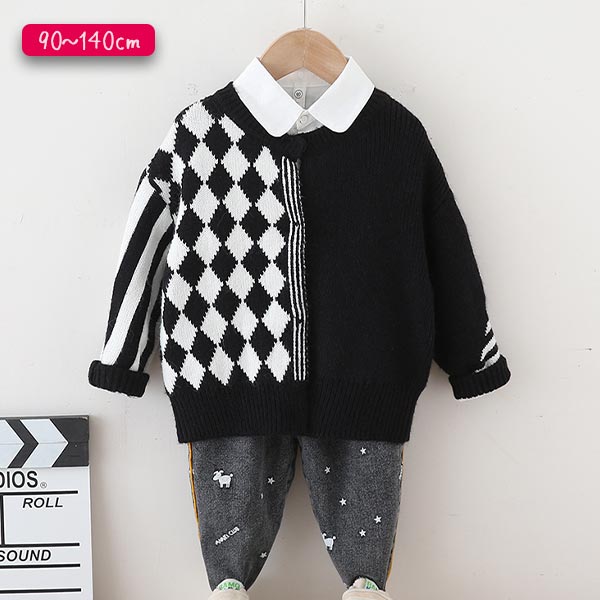 キッズファッション 子供用ニット黒白幾何学模様カーディガン