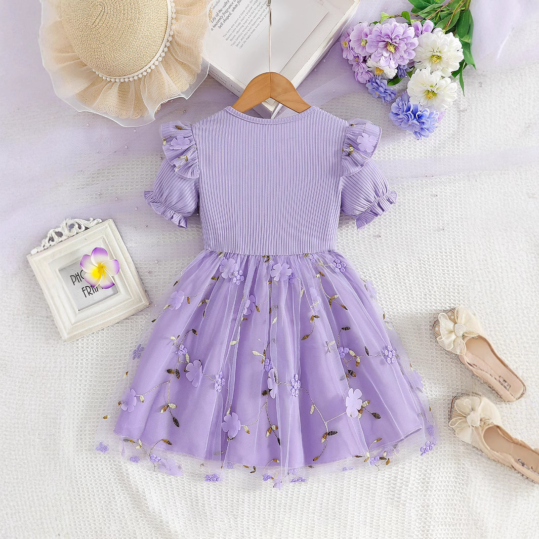 キッズファッション 花刺繍チュールスカートフリル袖プリンセスドレス