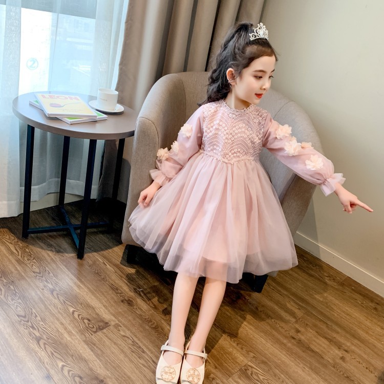 キッズファッション お姫様気分満喫パールビーズ刺繍長袖チュールドレス