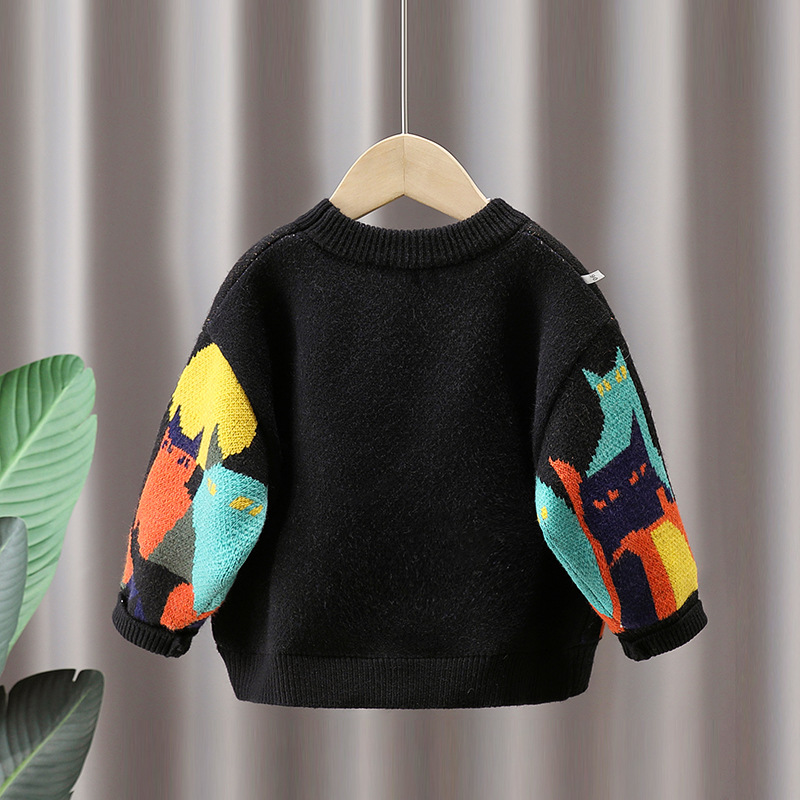 キッズファッション おとぎの国の街並み柄長袖クルーネックニット