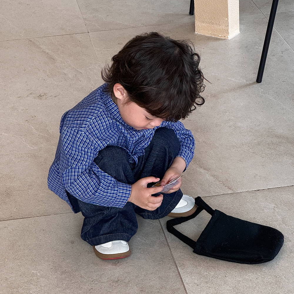 キッズファッション ナチュラル小紋チェック柄バンドカラー長袖シャツ