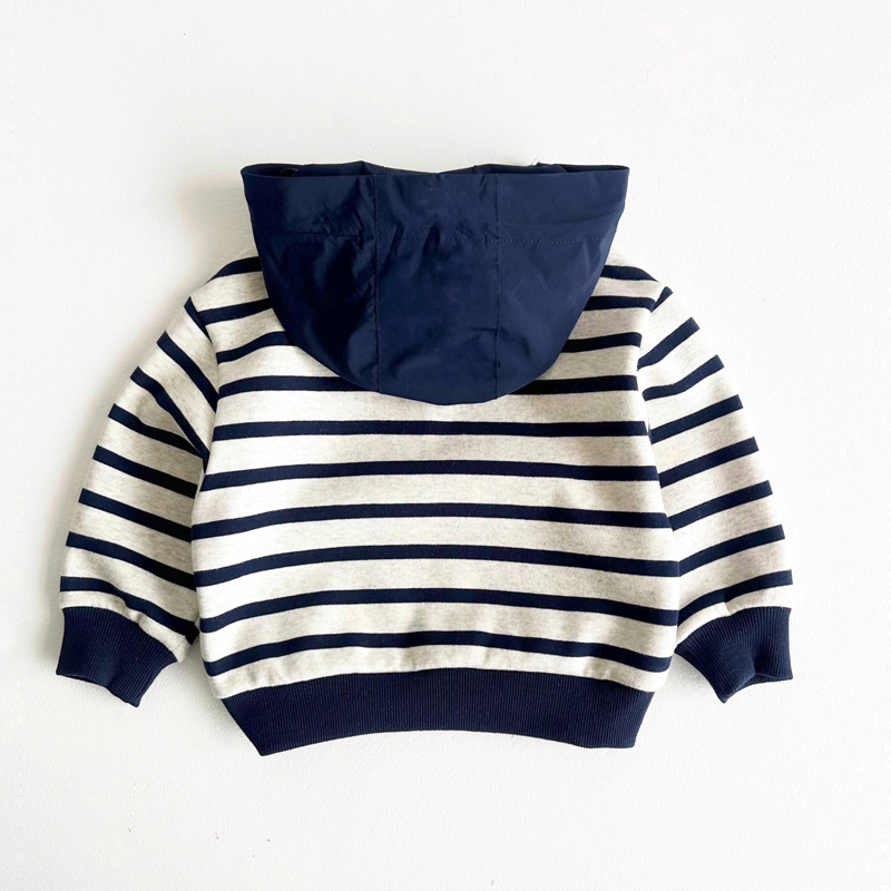 キッズファッション マリンボーダー柄フード付きハーフジップトレーナー