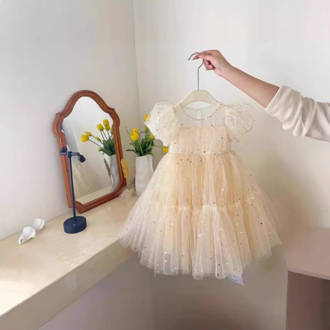 キッズファッション 星空きらめくパフスリーブチュールドレス