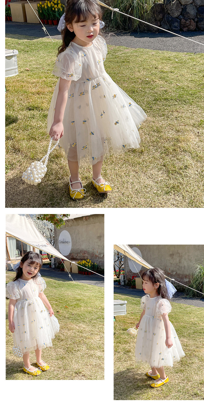 キッズファッション 花柄刺繍チュール姫様半袖ドレス