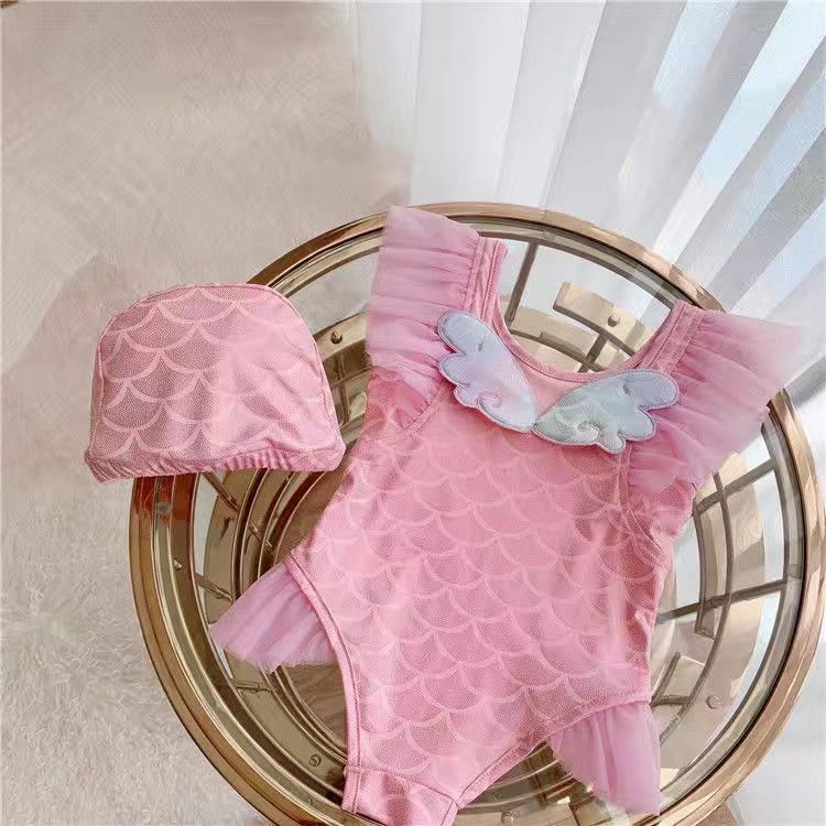 キッズファッション 人魚姫風チュール袖付き女の子用水着セット