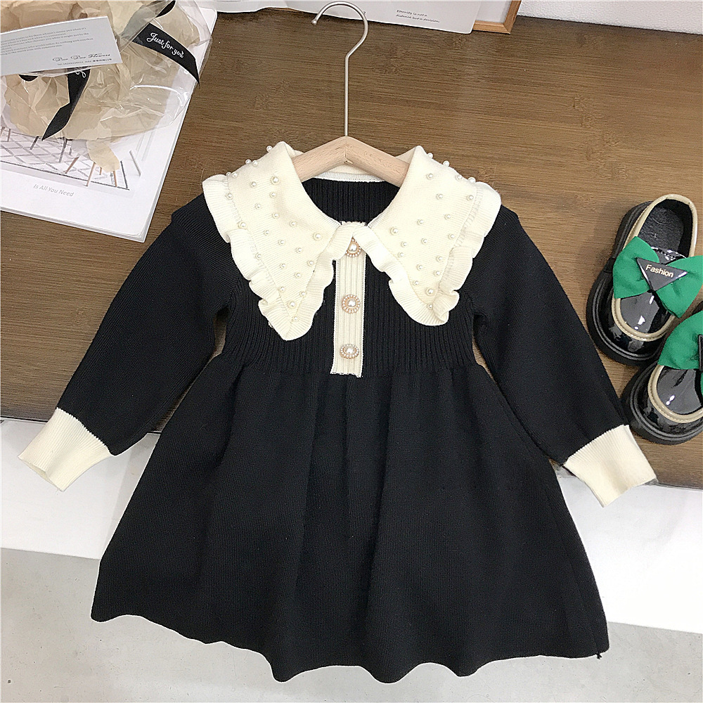 キッズファッション 小花柄大襟ニットワンピース