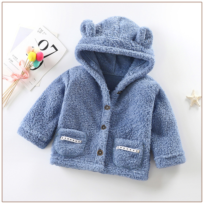 キッズファッション くま耳付きもこもこボアフード羽織りニット