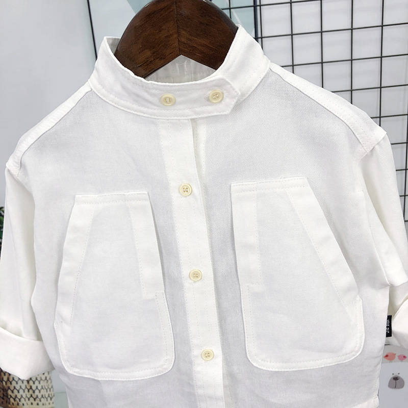 キッズファッション 大きめポケット付きスタンドカラー長袖シャツ