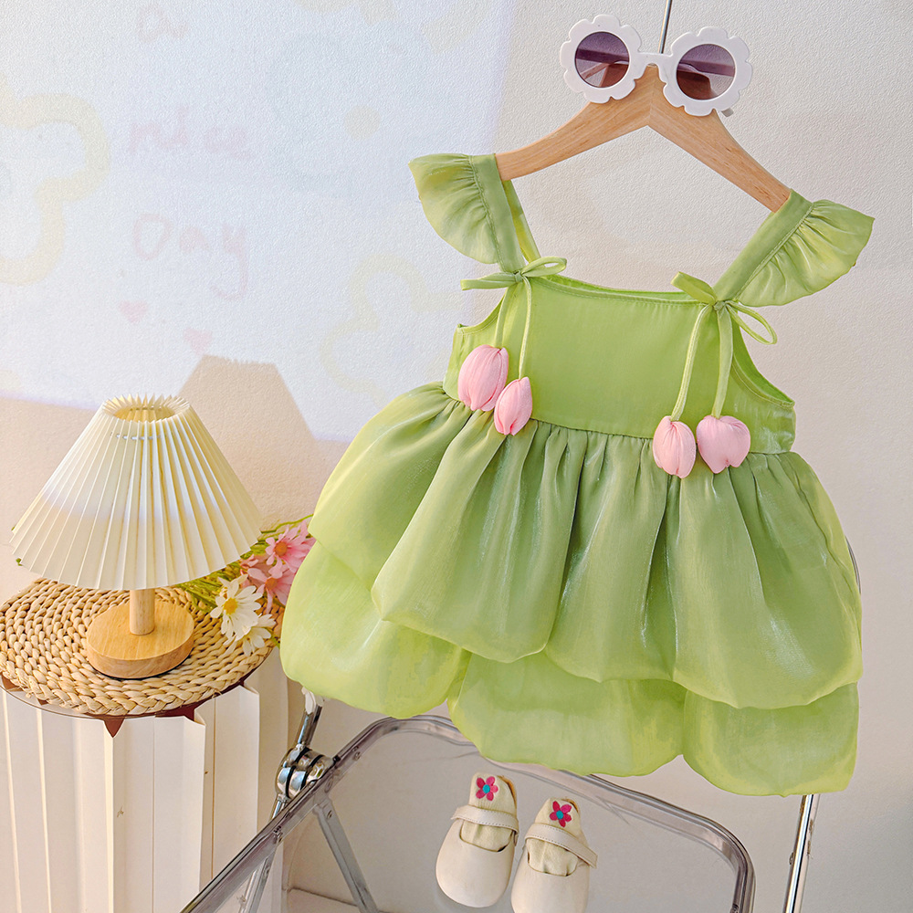 キッズファッション 花びらフリル付きリボンストラップ姫様風ドレス
