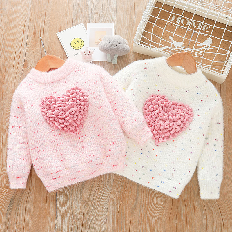 キッズファッション ふわふわハート立体編み込み長袖セーター
