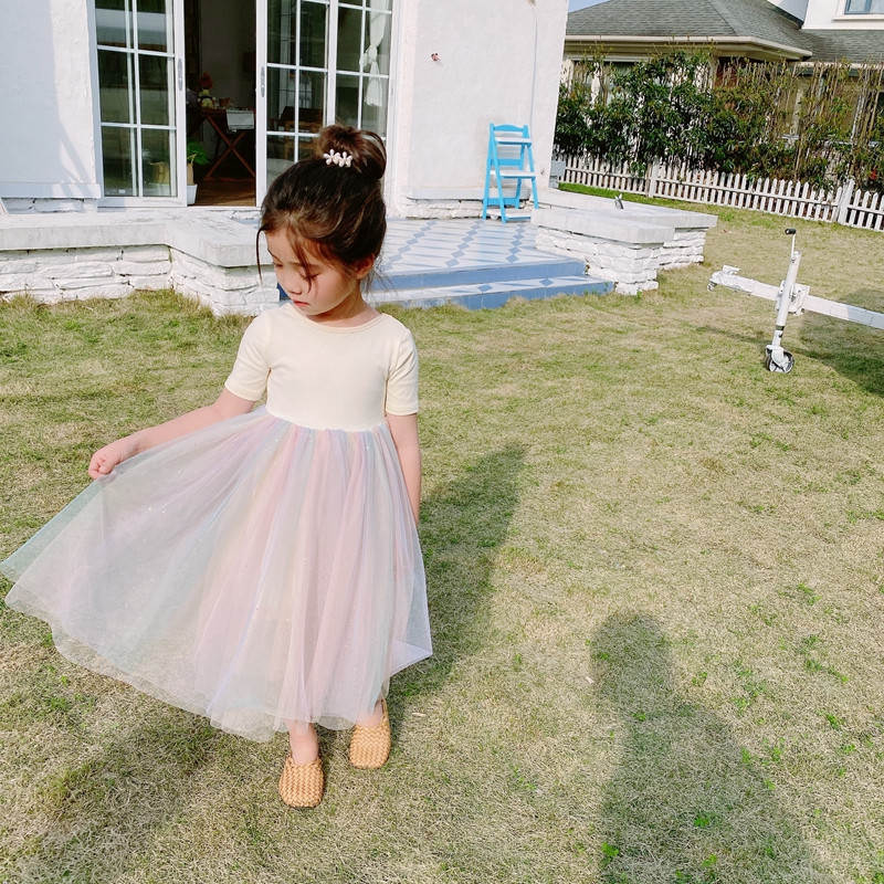 キッズファッション 背中交差ひも付き姫様ふんわりチュールワンピース