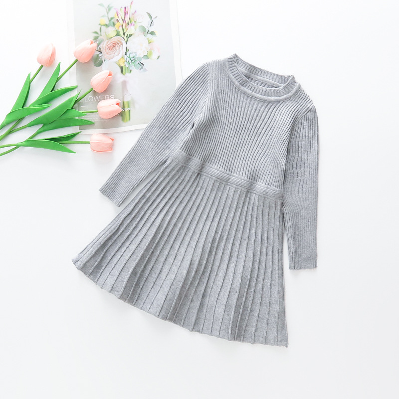 キッズファッション 女の子用リブニット長袖プリーツワンピース