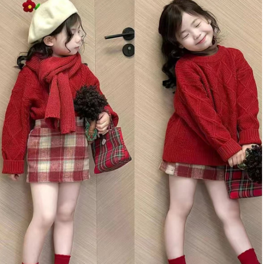 キッズファッション 女の子用チェック柄ウールミニスカート