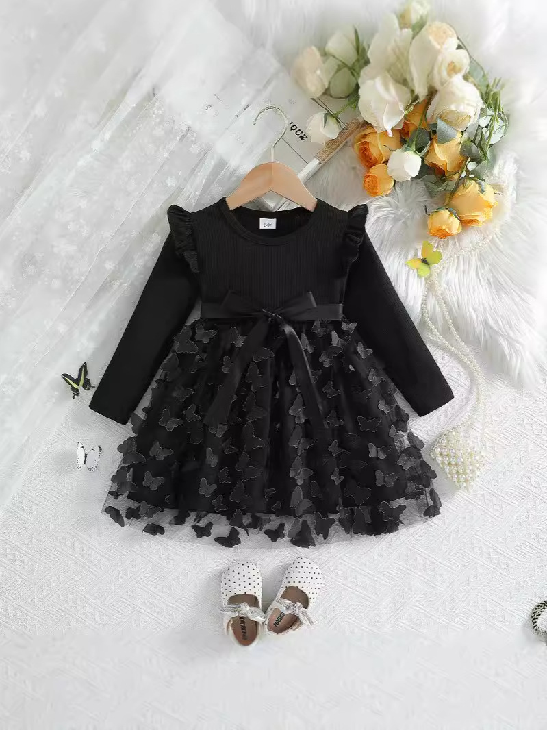 キッズファッション 花びら刺繍チュールの長袖プリンセスドレス