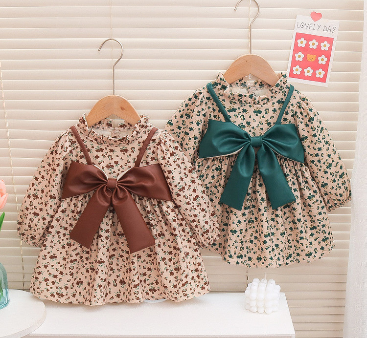 キッズファッション 小花柄パフスリーブリボンワンピース