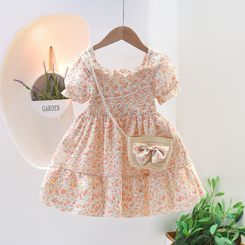 キッズファッション 花柄シャーリング半袖ワンピース かごバッグ付き