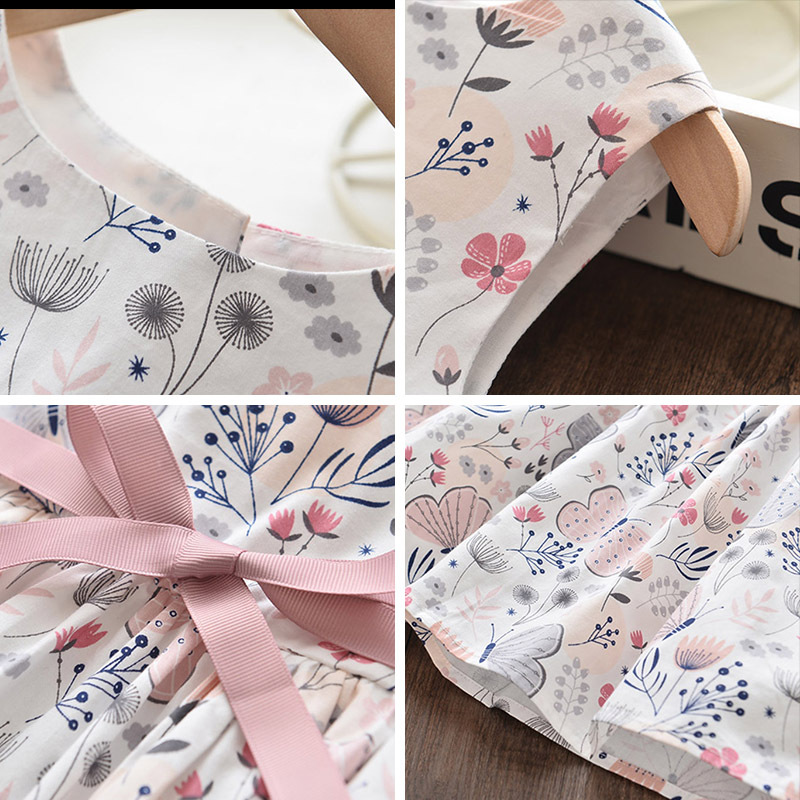 キッズファッション 蝶々と花柄の袖なし可愛いリボンベルト付きドレス