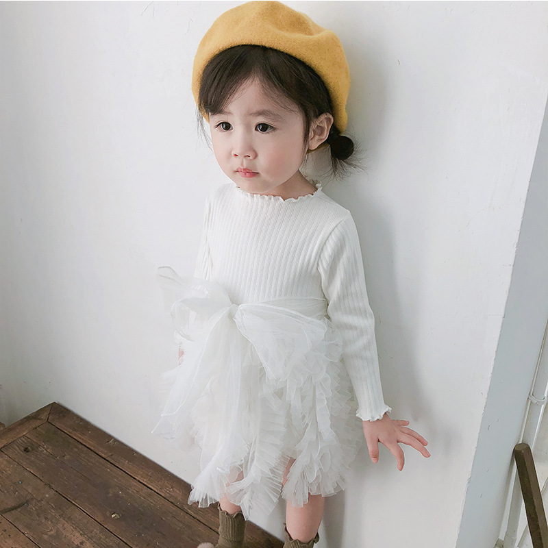 キッズファッション ふわふわ花びら重ねリブニット長袖ワンピース