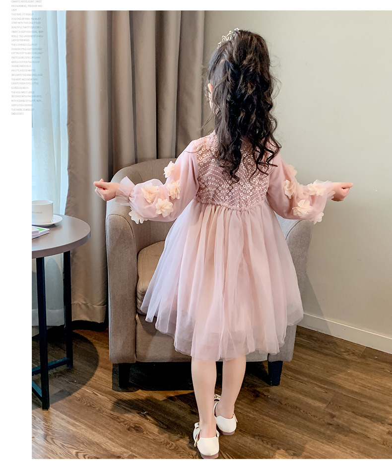 キッズファッション お姫様気分満喫パールビーズ刺繍長袖チュールドレス