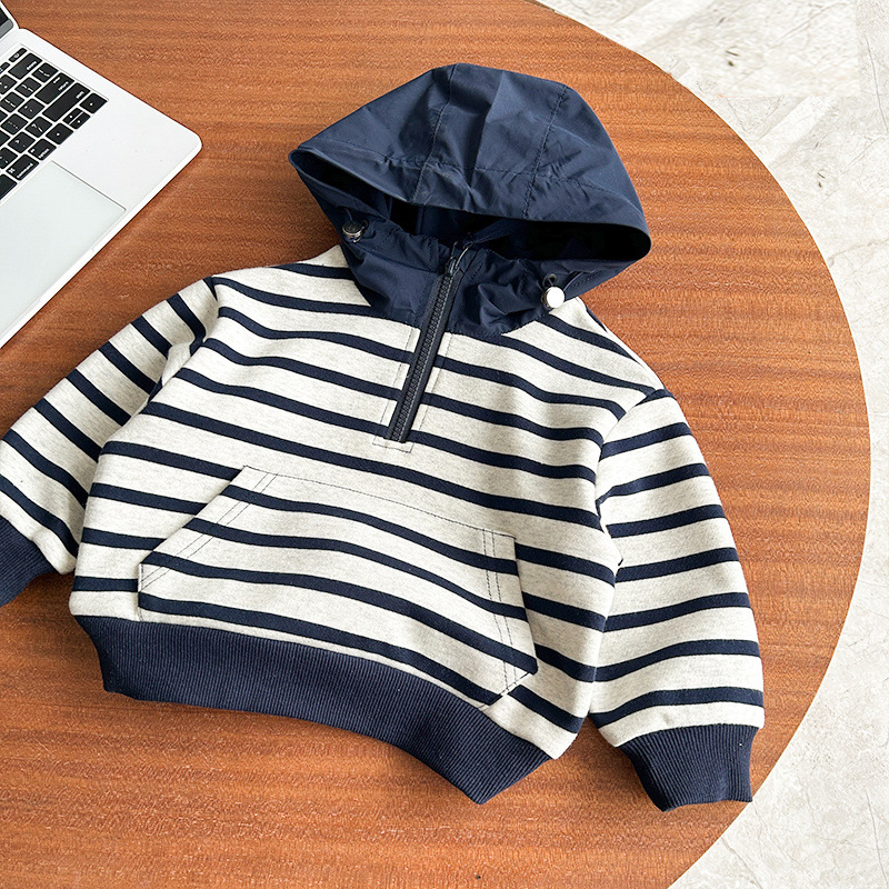 キッズファッション マリンボーダー柄フード付きハーフジップトレーナー