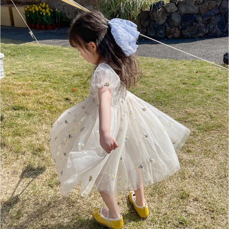 キッズファッション 花柄刺繍チュール姫様半袖ドレス