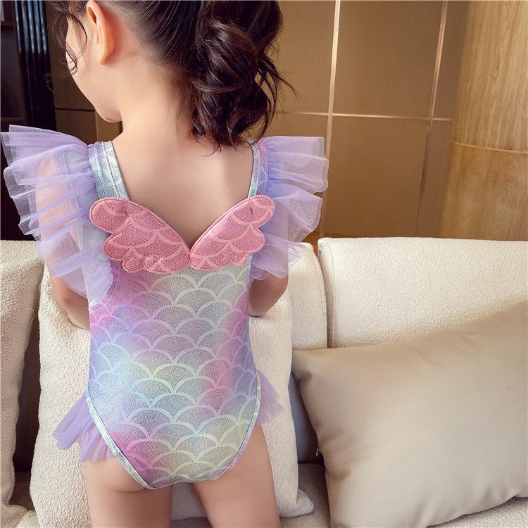 キッズファッション 人魚姫風チュール袖付き女の子用水着セット