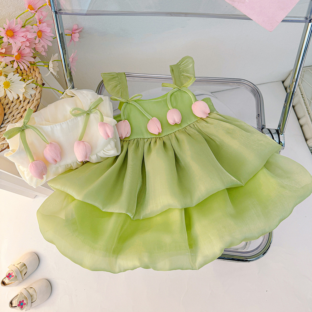 キッズファッション 花びらフリル付きリボンストラップ姫様風ドレス