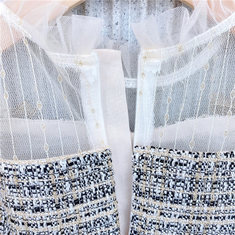 キッズファッション 透け感チュール袖ツイード切り替え上品姫様ワンピース