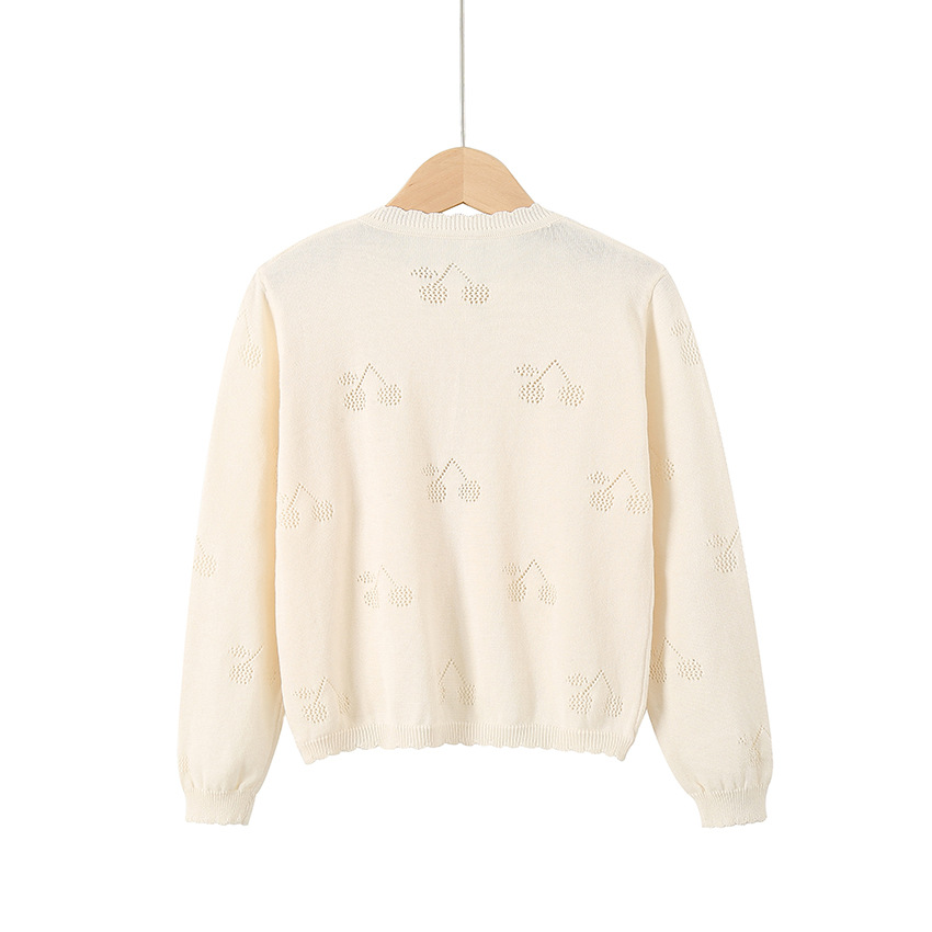 キッズファッション さくらんぼ模様の透かし編み丸首カーディガン