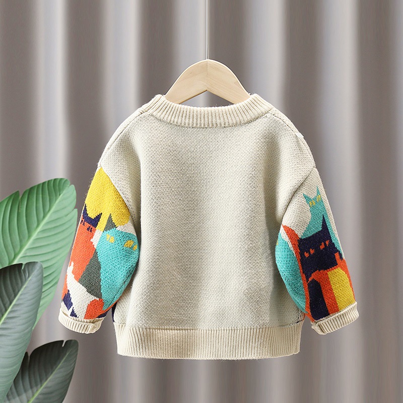 キッズファッション おとぎの国の街並み柄長袖クルーネックニット