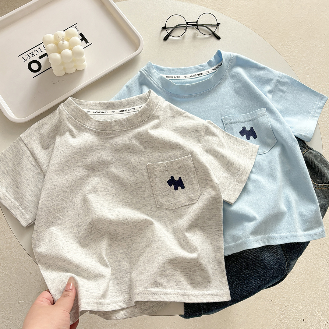 キッズファッション 子犬刺繍ポケット付き半袖Tシャツ