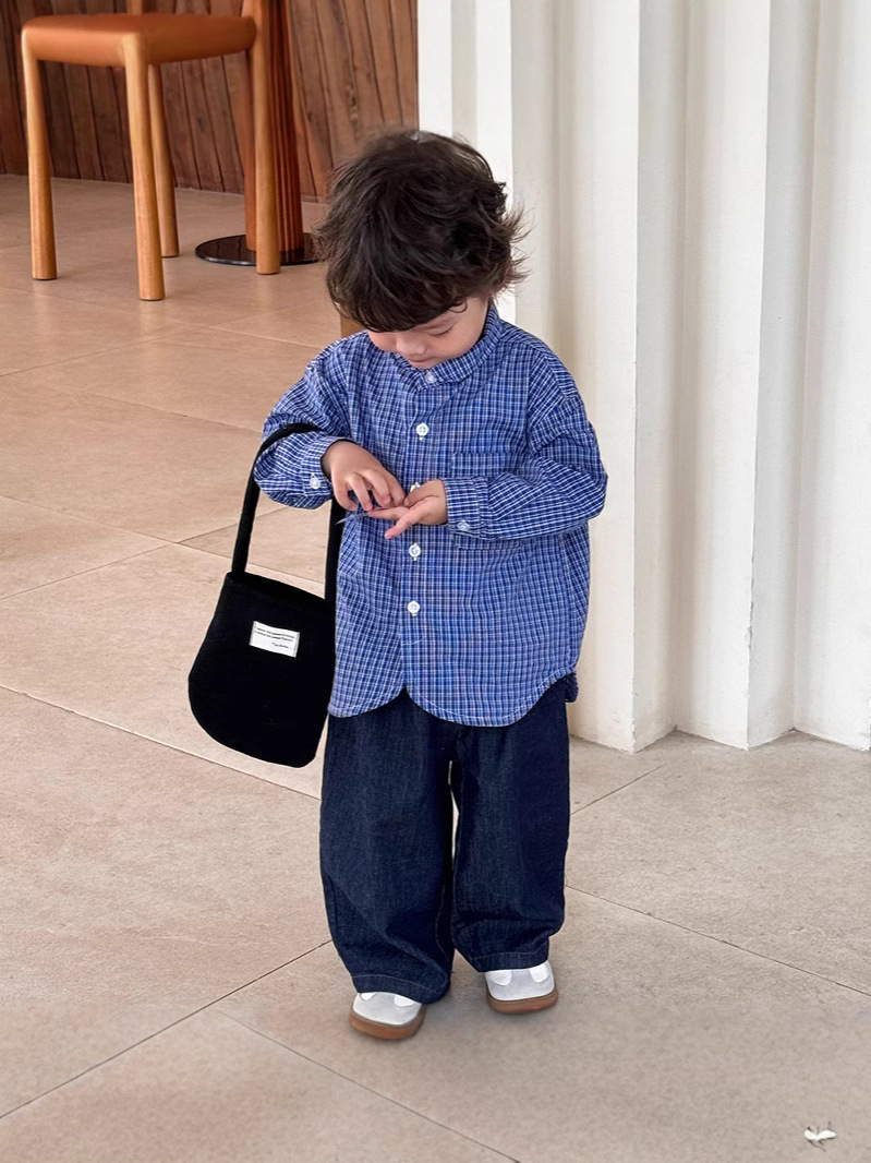 キッズファッション ナチュラル小紋チェック柄バンドカラー長袖シャツ