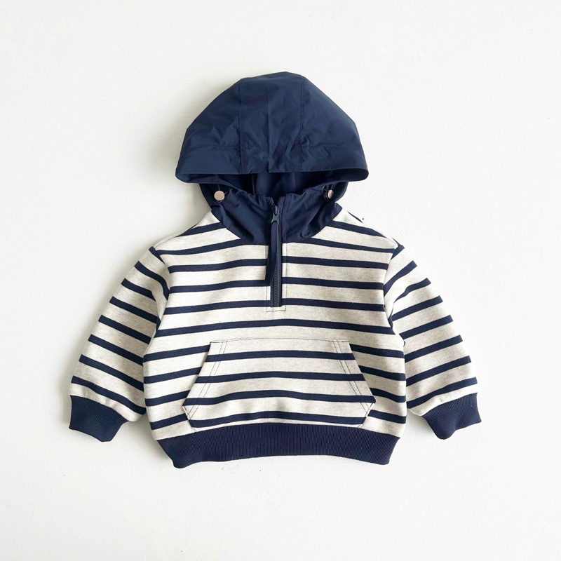 キッズファッション マリンボーダー柄フード付きハーフジップトレーナー